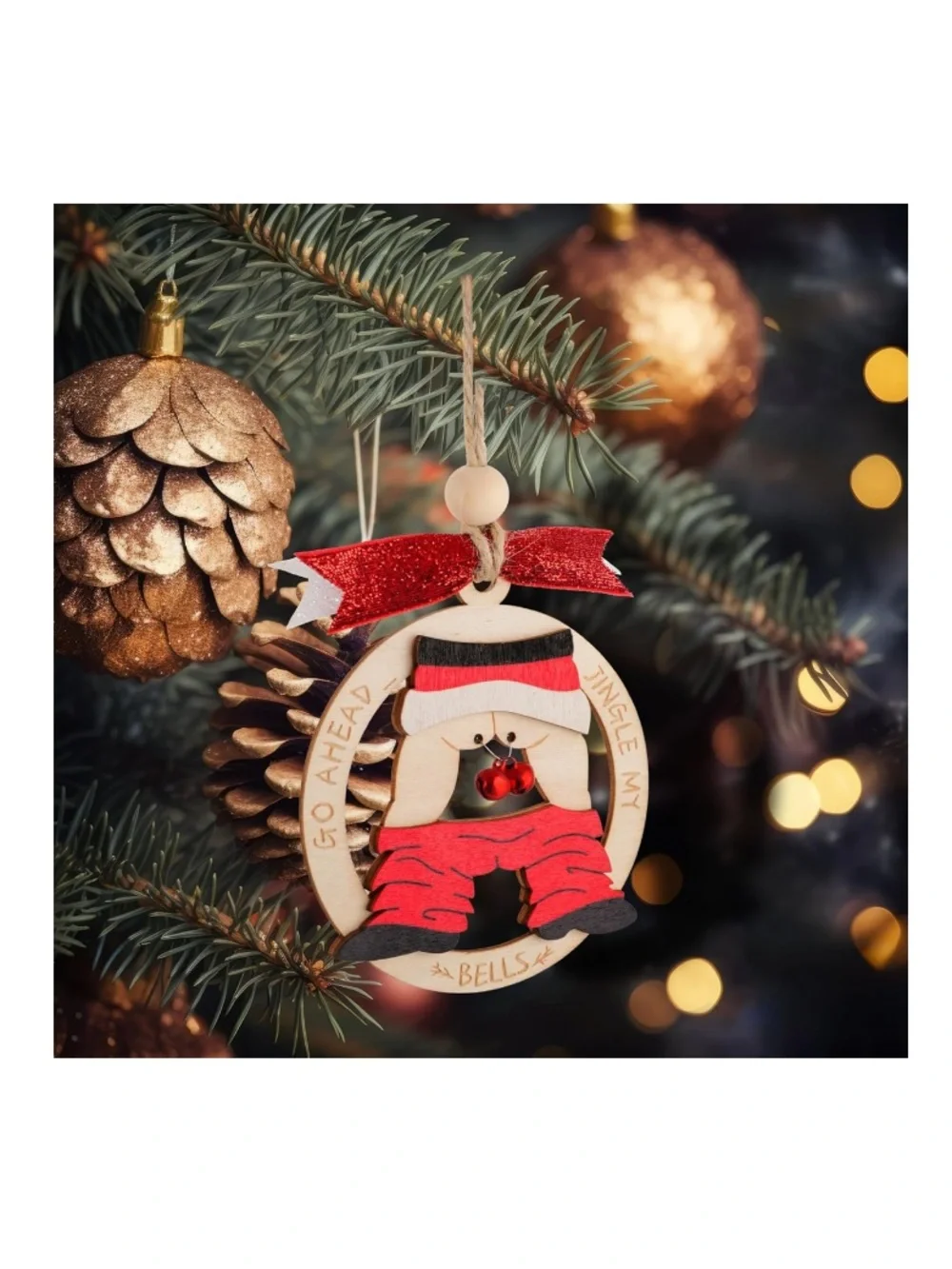 Wooden Dirty Santa 'Jingle My Bells' Holiday Christmas Ornament in Red